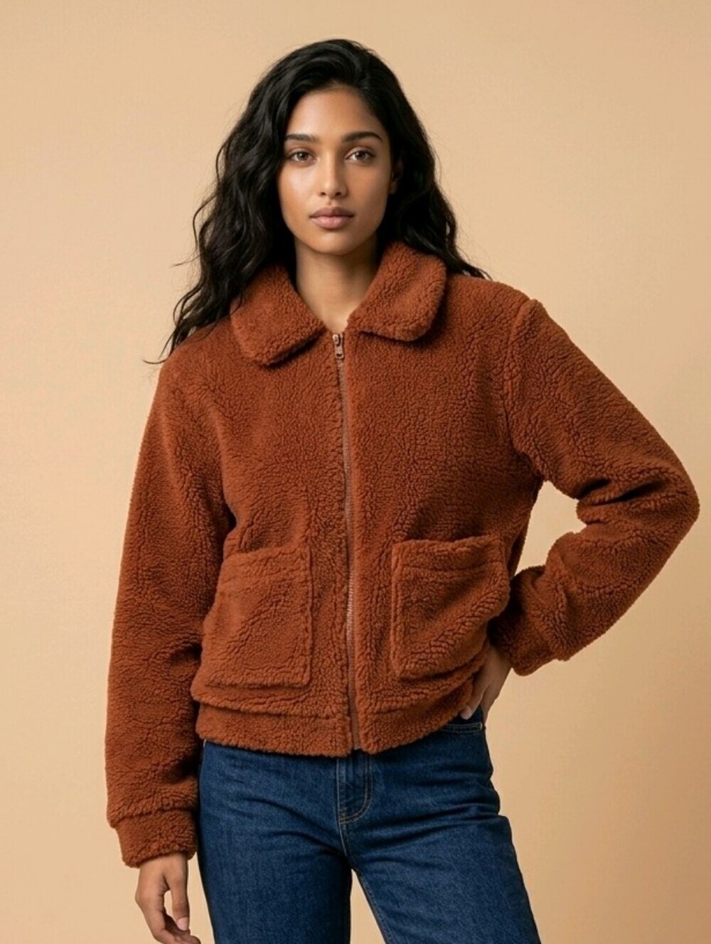 NWOT Elodie Brown Teddy Sherpa Women's Zip-Up JacketSz M Baggie oversize
